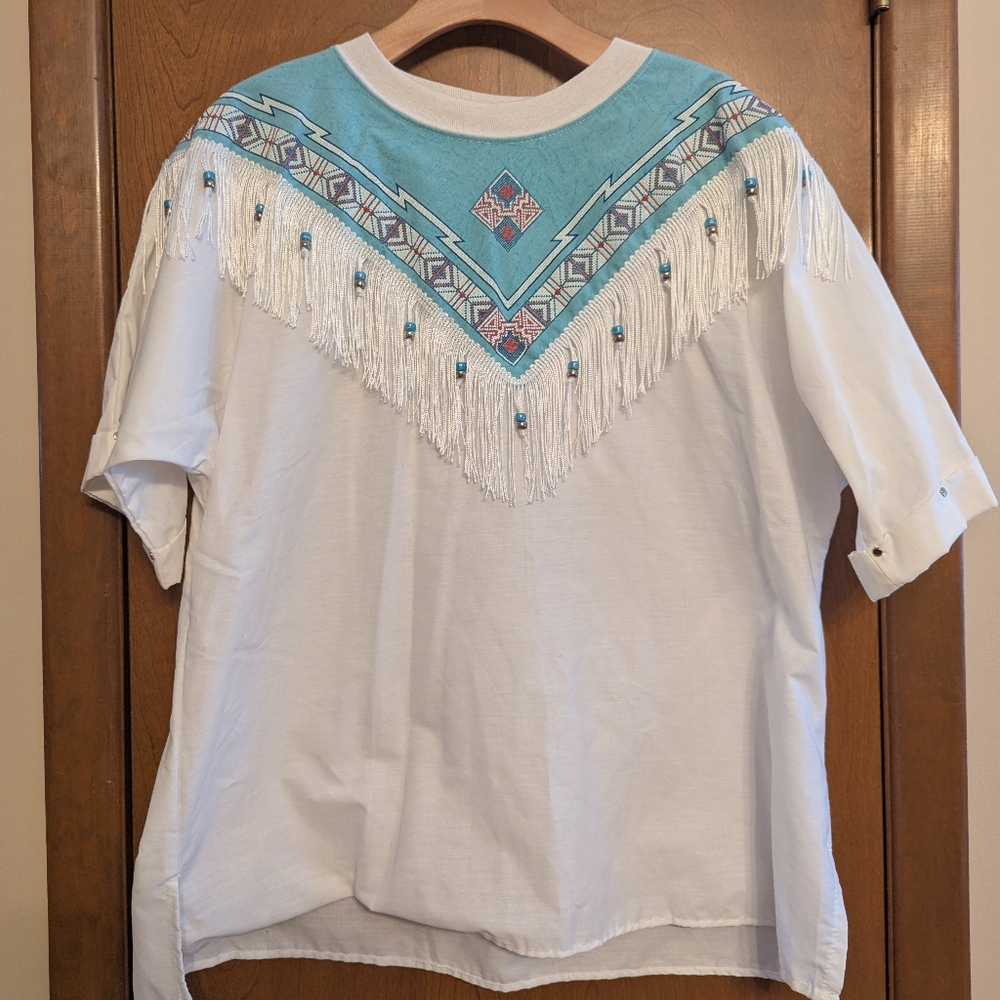 Vintage 90s Hazelwood Southwestern Fashion Women's Short Sleeve Shirt XL Fringe